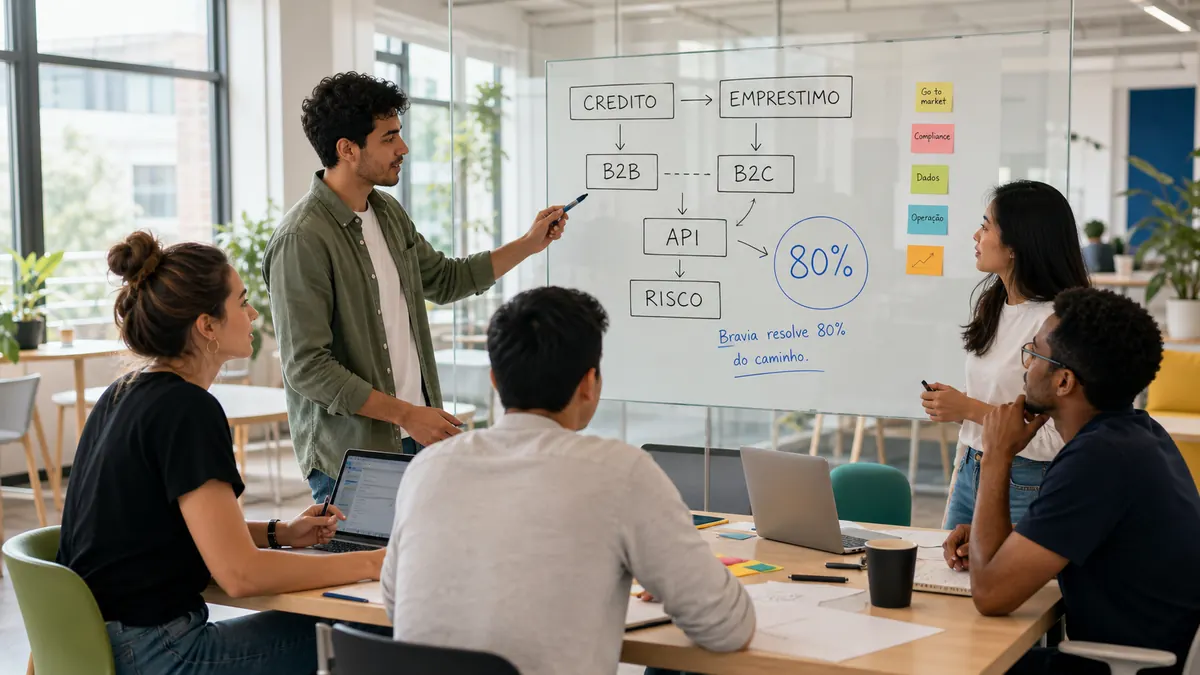 Founders e estudantes planejando operação de crédito, API e risco em uma sala de trabalho