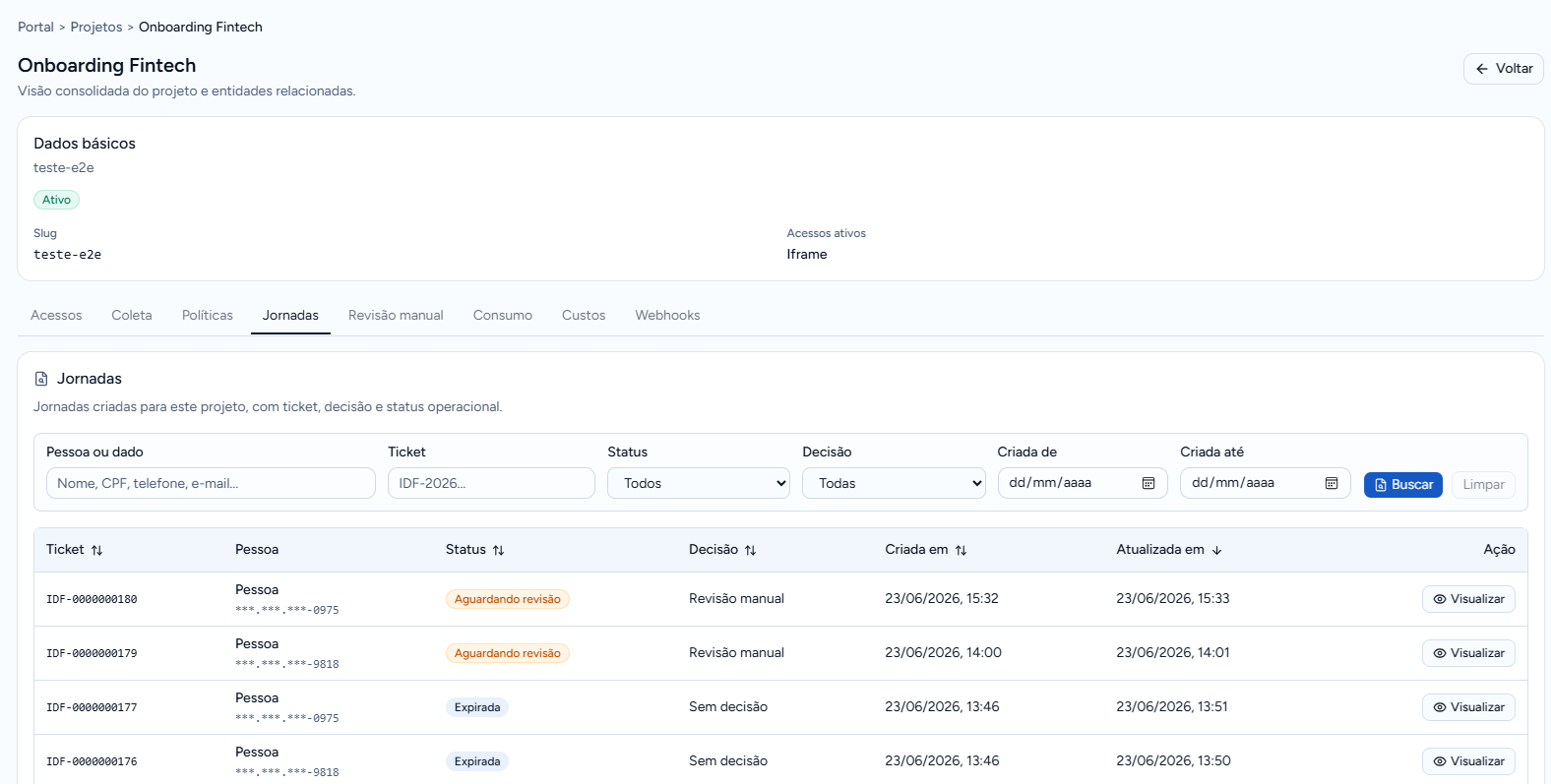 Tela de consumo, custos ou webhooks do Identity Flow