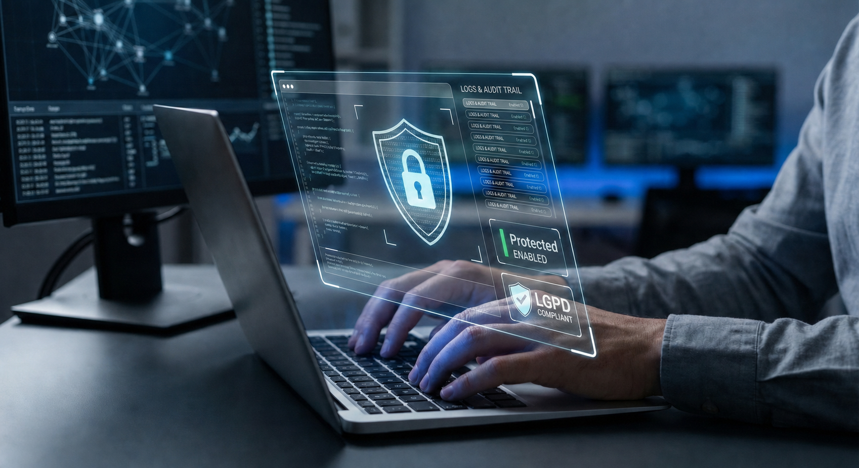 HUD de cibersegurança protegida para representar auditoria, PII e governança operacional no Identity Flow