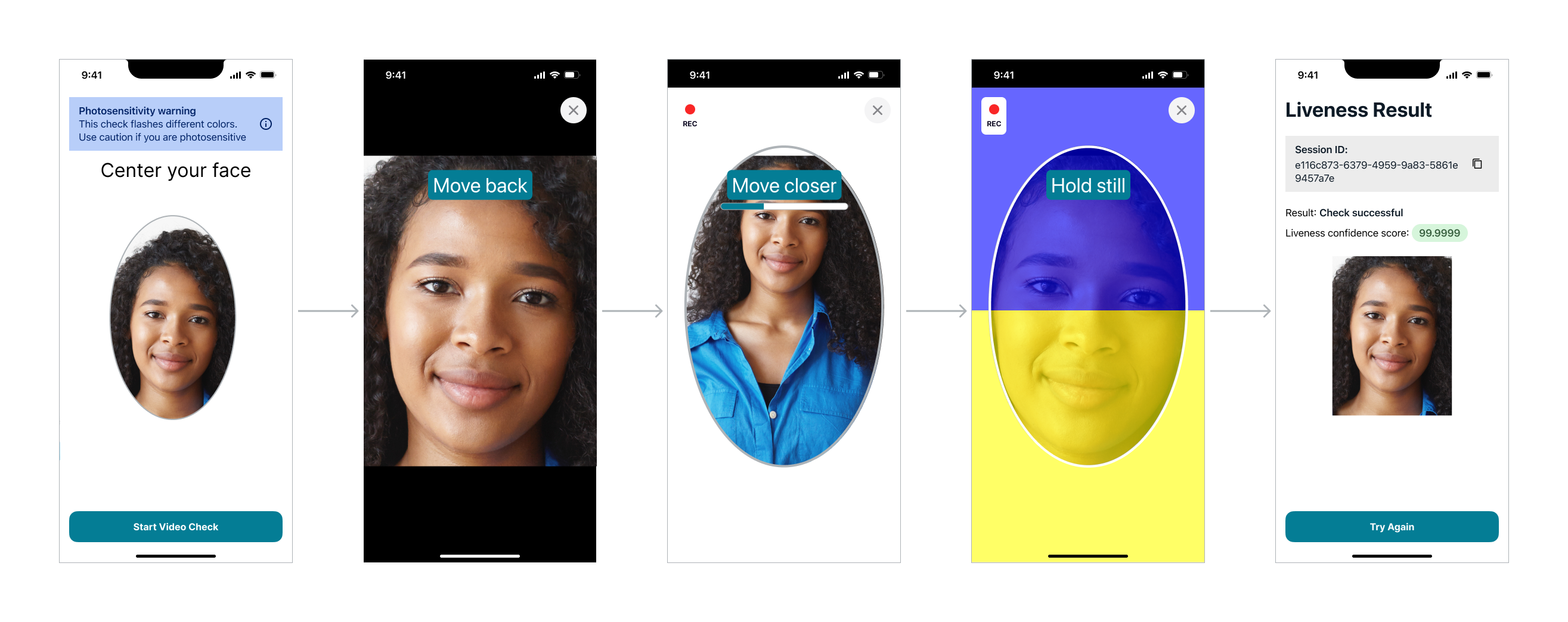 Fluxo mobile do Amazon Rekognition Face Liveness com instruções de selfie, enquadramento, validação e resultado
